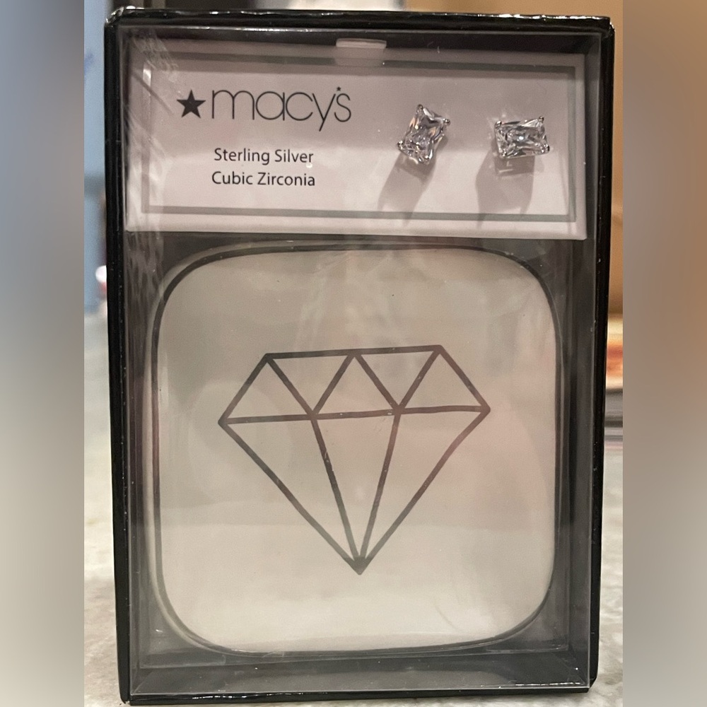 Macy's Sterling Silver Cubic Zirconia Stud Earrings and Mini Tray - NWT